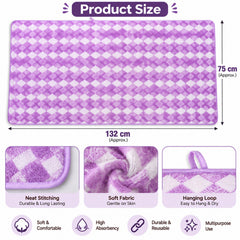 A graphic displaying the purple and white checkered towel's dimensions and key features like soft fabric and a hanging loop.