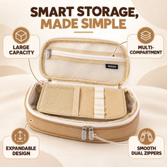 An open beige pencil case highlighting its large capacity, multi-compartment, expandable design, and smooth dual zippers.