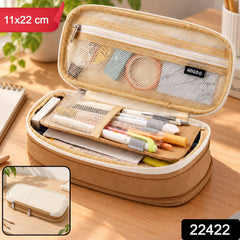 An open beige pencil case with various writing tools and accessories, with an inset of the closed case.