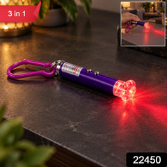 A purple laser pointer keychain with a clear flower cap illuminates a red light pattern on a dark surface, with an inset