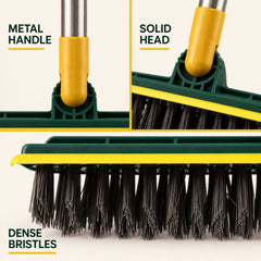 Close-up views of the green and yellow scrub brush head, showing the metal handle, solid head, and dense bristles.