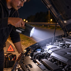 A person holds a black torch, shining its bright beam into the engine of a car at night.