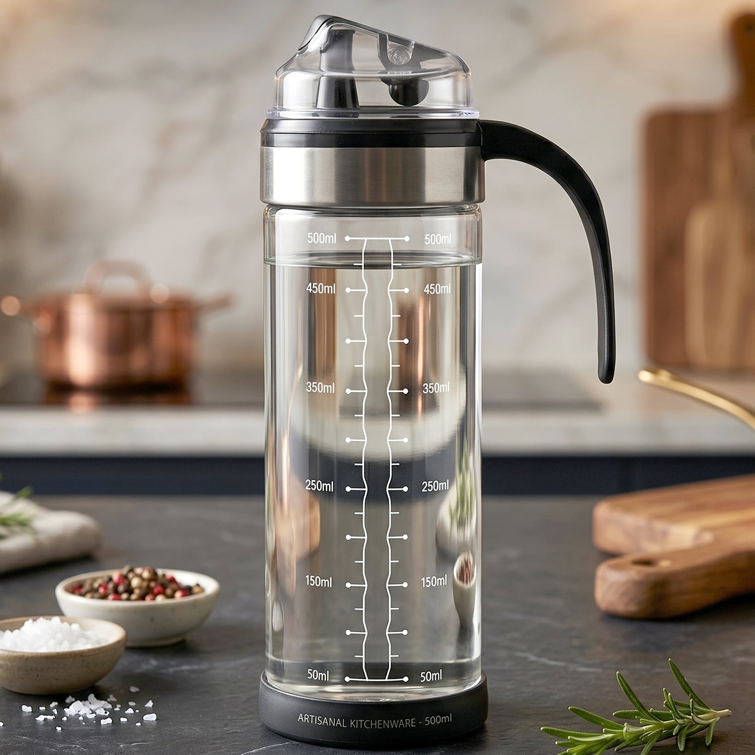 Glass oil dispenser bottle handle flip lid