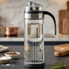 Glass oil dispenser bottle handle flip lid