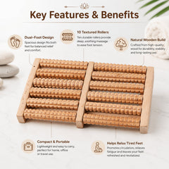 Infographic displaying the features of a light brown wooden foot massager with ten textured rollers.