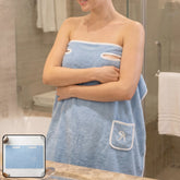 Soft absorbent wearable bath towel in use