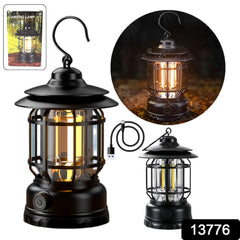 Portable camping lantern glowing in dark