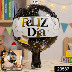 Black gold feliz dia round balloon