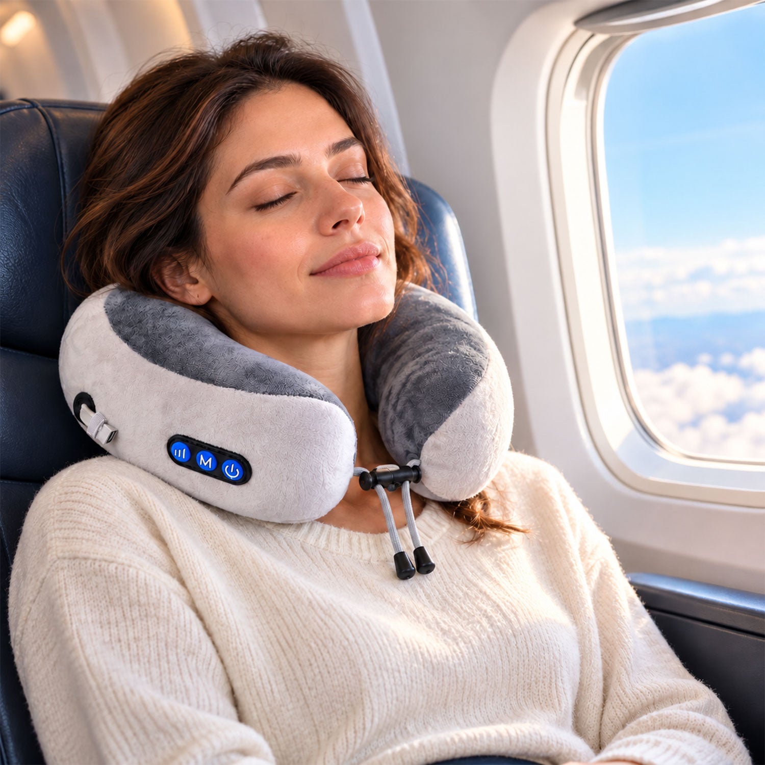 A woman with closed eyes relaxes on an airplane seat, wearing a grey and white U-shaped neck massage pillow.