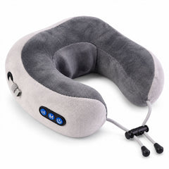 A grey and white U-shaped neck massage pillow with control buttons and adjustable drawstring closure on a white surface.