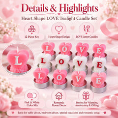 A close-up of twelve heart-shaped tealight candles, pink and white, each with a raised letter spelling LOVE.