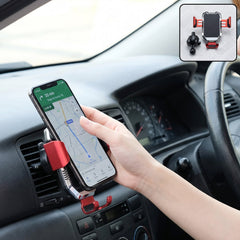 A person's hand adjusts a smartphone displaying a map, held by a red and silver car vent mount.