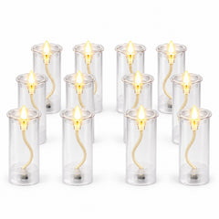 Twelve clear plastic LED swing candles with bright yellow flames, neatly arranged in three rows on a plain white background.