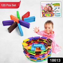 Colorful wooden domino blocks toppling in a chain reaction