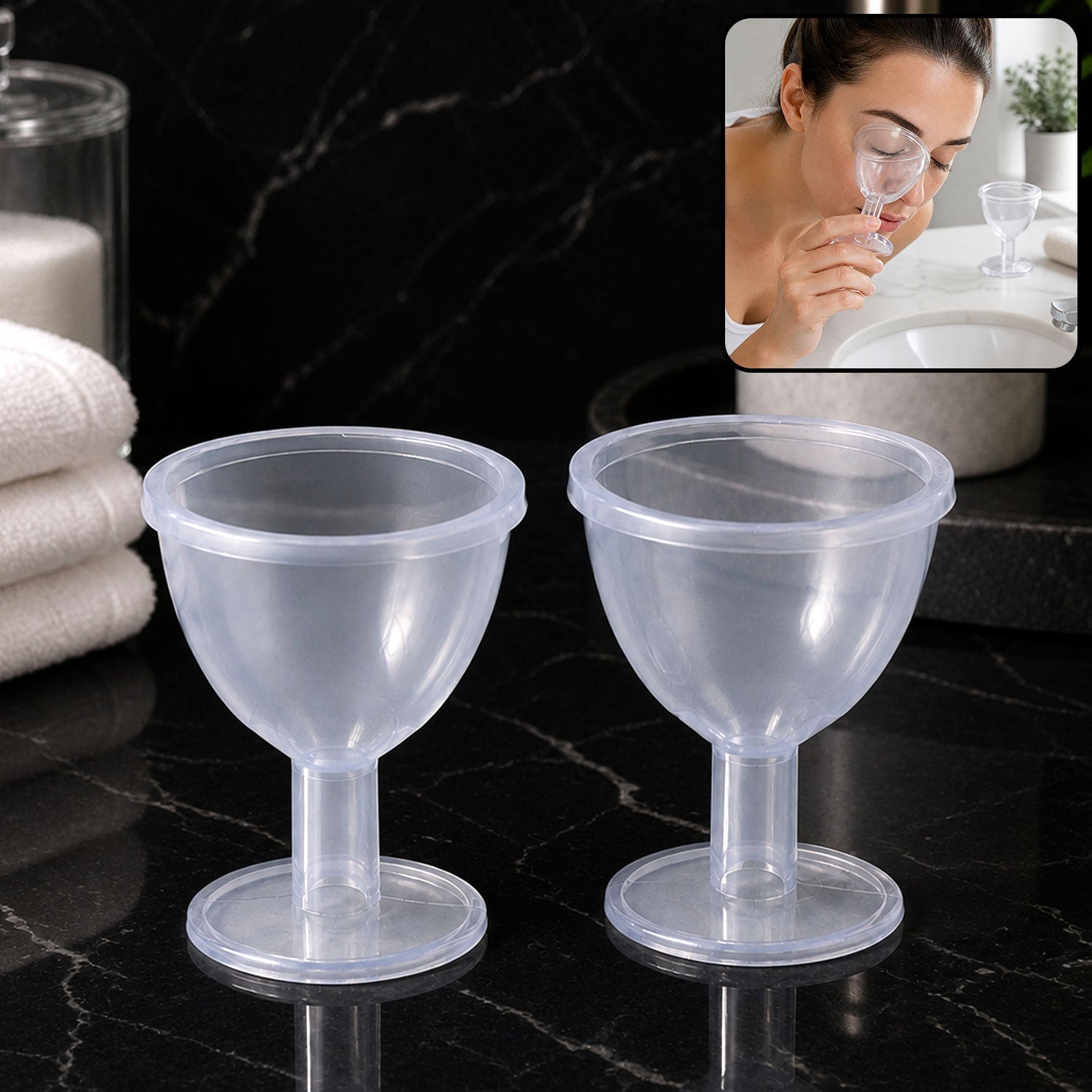 Transparent reusable eye wash cups with contoured rim