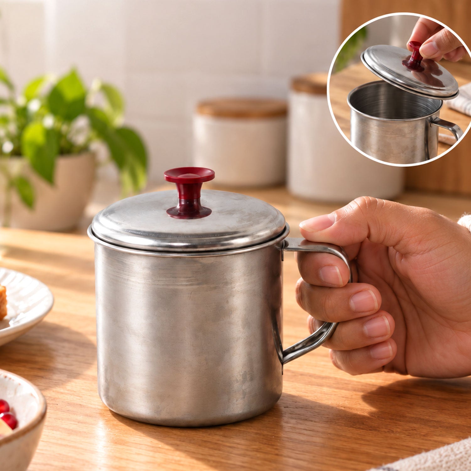 Stainless steel tea coffee mug with lid - main lifestyle