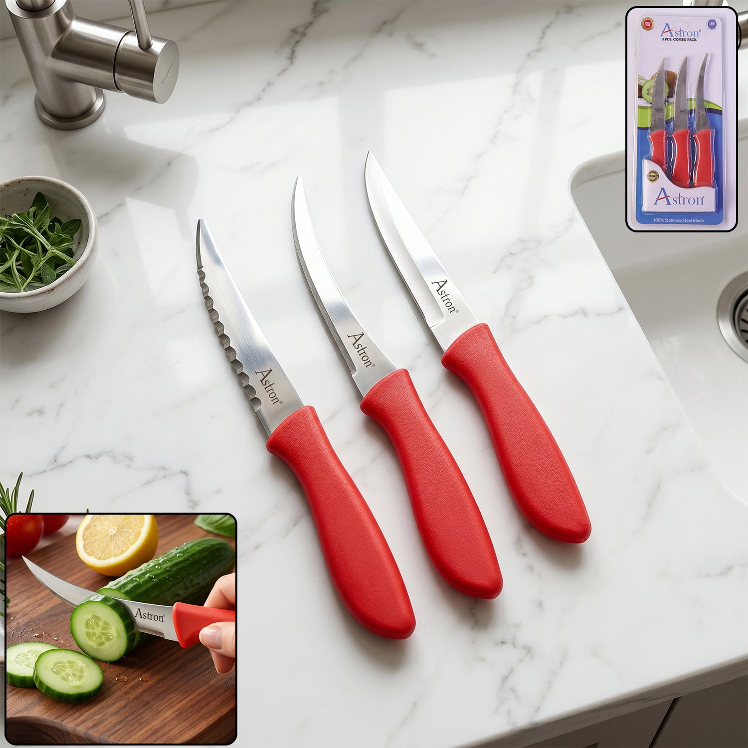 Classic 3-piece stainless steel kitchen knife set with different blades