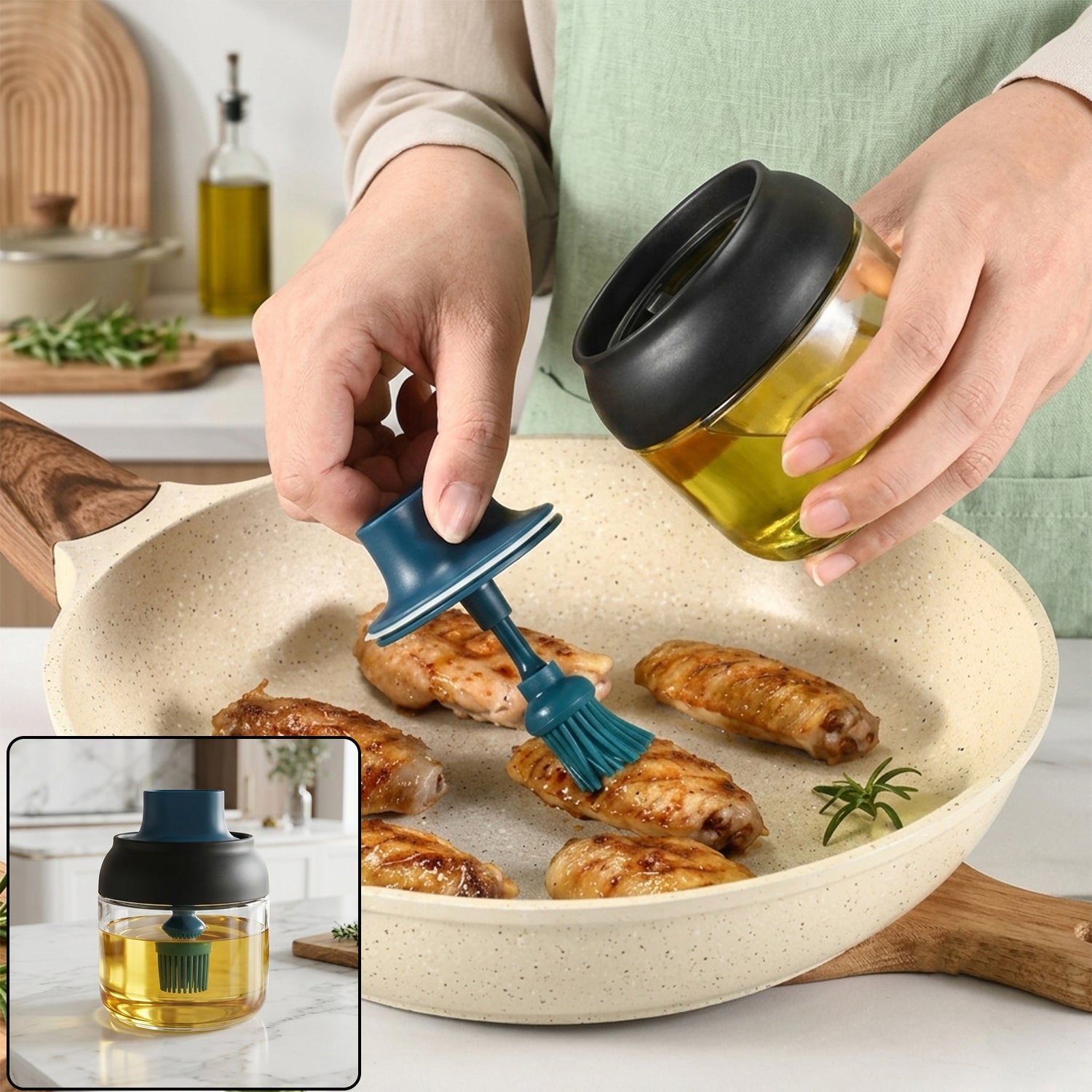 280 ml round glass oil dispenser with silicone brush