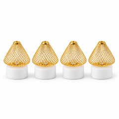Four identical golden mesh LED lights with white bases are neatly arranged in a row against a plain white background.