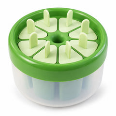 A green and white round plastic ice cream mold with eight light green stick lids inserted, against a plain white background.