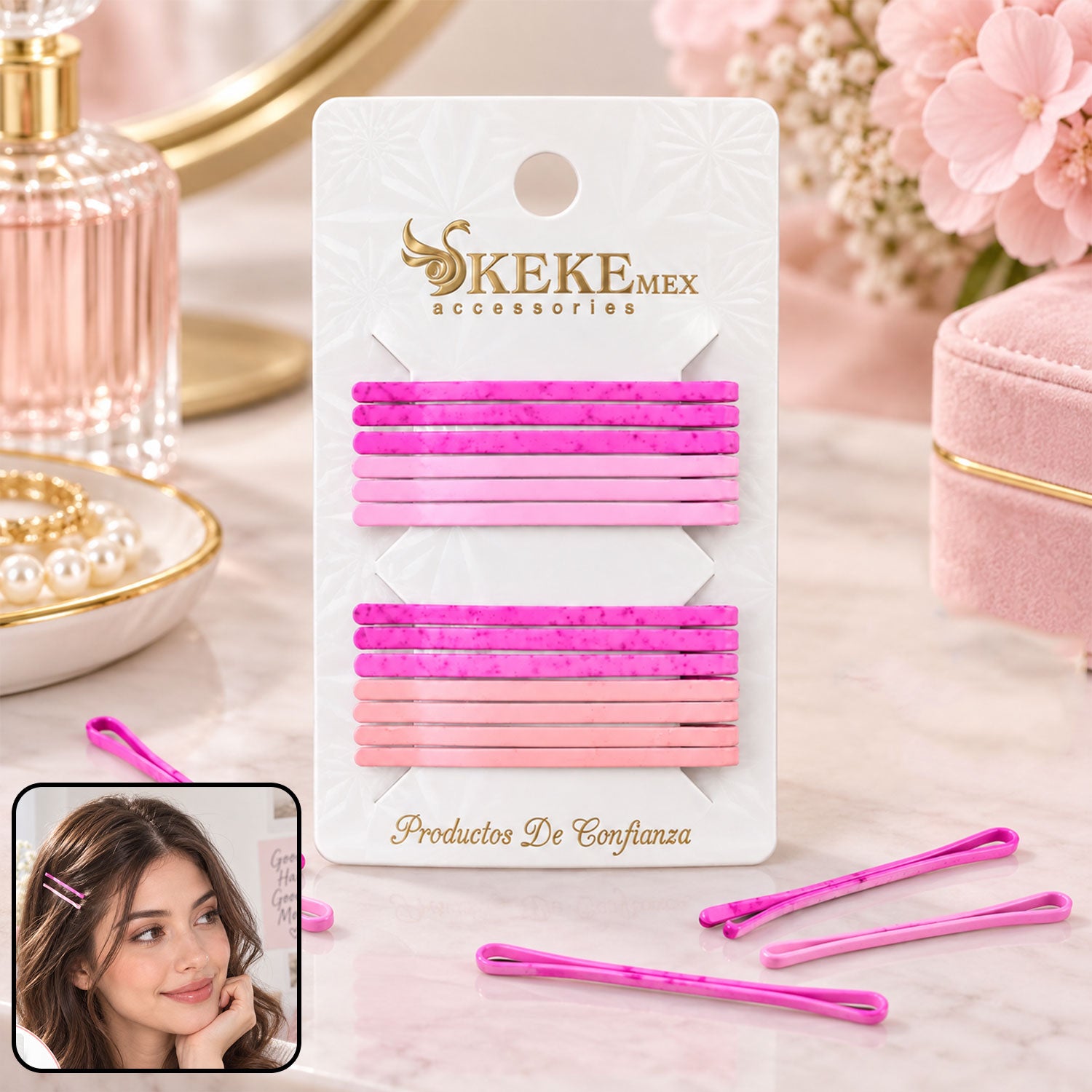 A pack of sixteen pink and magenta bobby pins on a card, with a model wearing one pin in her hair.