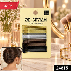 A yellow card displays gold, silver, brown, and black bobby pins, with a red banner saying '32 Pc'.