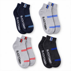 Four pairs of ankle socks in navy, grey, and charcoal, each with unique stripe and text colors.