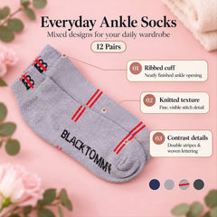 A single grey ankle sock with red stripes and text lays on a pink surface with descriptive text overlays.
