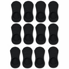 Twelve individual black low-cut socks arranged neatly in four rows of three on a white background.