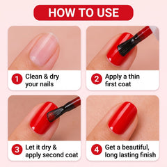 A four-panel graphic shows the steps for applying nail polish, from clean nails to a finished red coat.