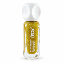 A bottle of gold glitter nail polish with a white cap stands on a white background.