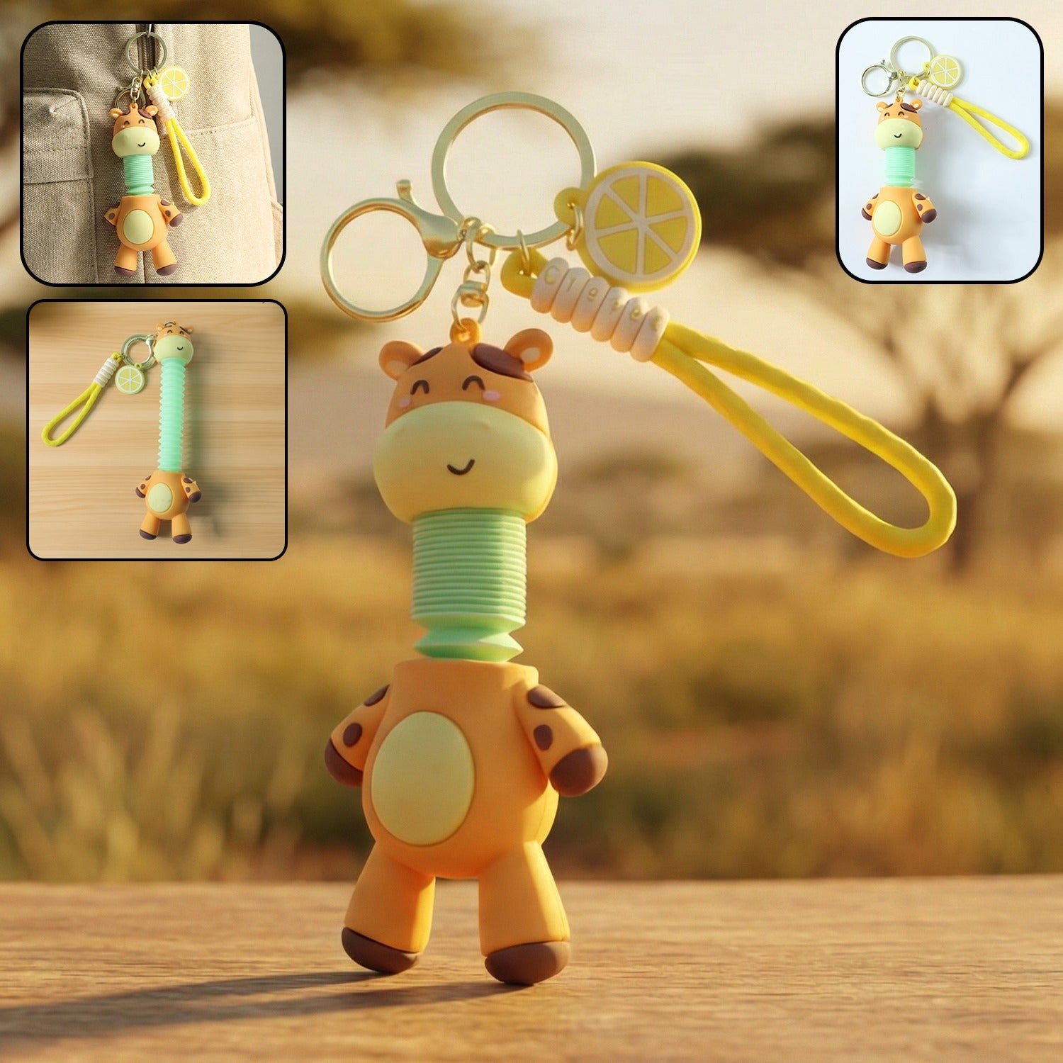 Cute giraffe cartoon keychain with flexible spring neck