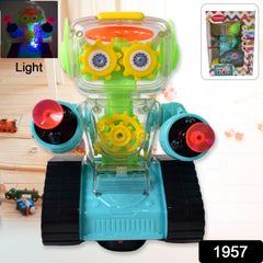 Kids playing with transparent gear robot car on the floor