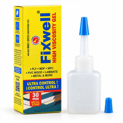 A yellow and blue box of Fixwell adhesive gel stands next to its white bottle with a blue cap on a white surface.