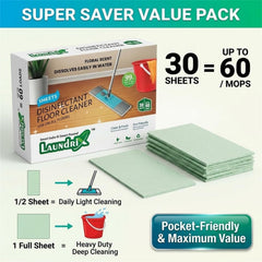 A box of floor cleaner sheets and a stack of mint green cleaning sheets, with diagrams showing usage.