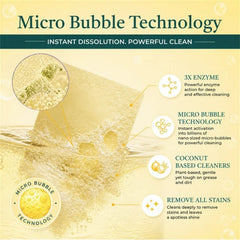 A cleaning sheet dissolving in water, surrounded by bubbles and text describing micro-bubble technology.