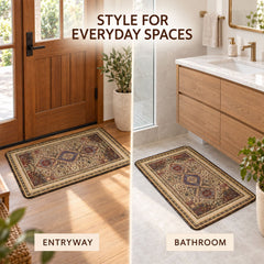 Split image showing the decorative mat in an entryway on wood flooring and in a bathroom on tiled flooring.