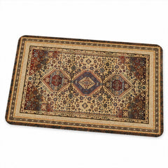 An overhead, slightly angled view of the rectangular floor mat, showcasing its intricate, colorful pattern.
