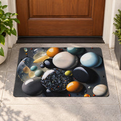 A dark grey mat with a vibrant pebble design placed at the entrance of a wooden door.