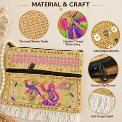 Close-up of a beige jute sling bag with colorful embroidery, gold sequins, and white fringe.