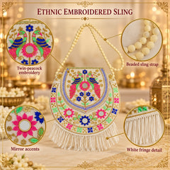 A white embroidered sling purse with details highlighted: twin-peacock embroidery, mirror accents, beaded strap, and white