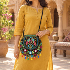 Traditional peacock embroidered jute sling purse with tassels