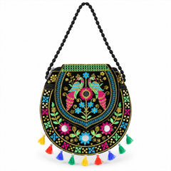 Front design view of traditional embroidered sling bag
