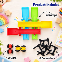 All components of the ramp racer toy set, including four ramps, two cars, and six connectors, laid out on a white surface.