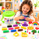 A young girl happily plays with purple modelling dough, surrounded by colorful dough sticks and various shaped creations.