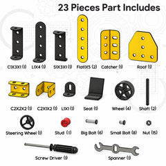A graphic showing 23 pieces of a construction kit, including black and yellow metal parts, wheels, bolts, and tools.