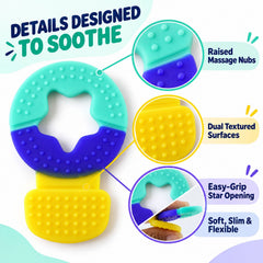 A graphic illustrates the teether's design features, including raised massage nubs and an easy-grip star opening.