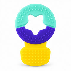 A vibrant blue, purple, and yellow silicone teether with a star cutout and textured surfaces is displayed on a white