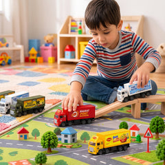 A young boy plays on a colorful rug with five toy trucks, moving a red truck up a wooden ramp.