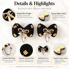 A collage of close-up images highlighting the design, adhesive back, metal hook, textured finish, and versatility of the bow